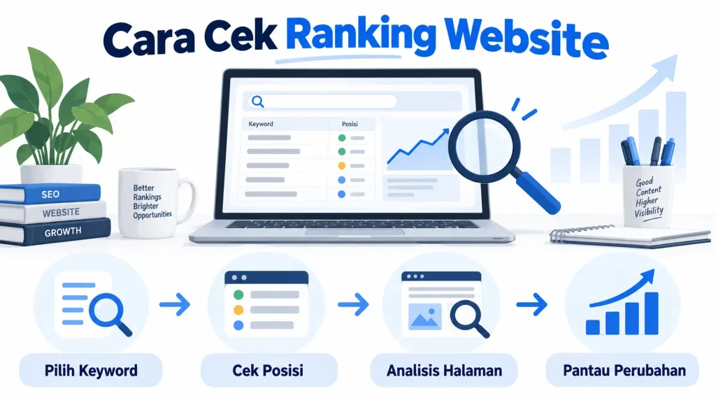 Ilustrasi infografis cara cek ranking website di Google menggunakan data performa dan posisi keyword