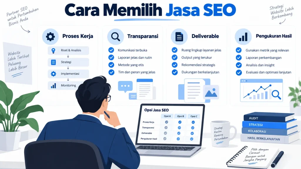 Ilustrasi infografis cara memilih jasa SEO berdasarkan proses kerja, transparansi, dan pengukuran hasil