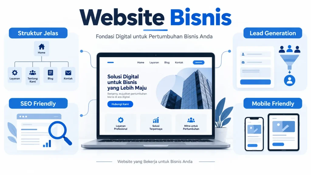 Ilustrasi infografis website bisnis yang siap SEO dengan struktur halaman, internal link, dan lead generation