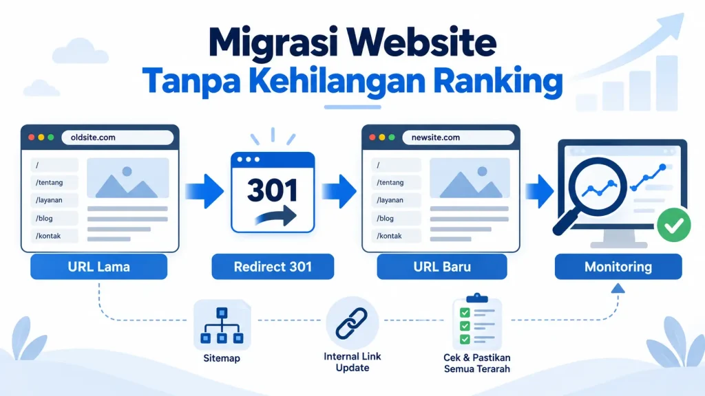 Ilustrasi infografis migrasi website tanpa kehilangan ranking dengan redirect, canonical, sitemap, dan monitoring