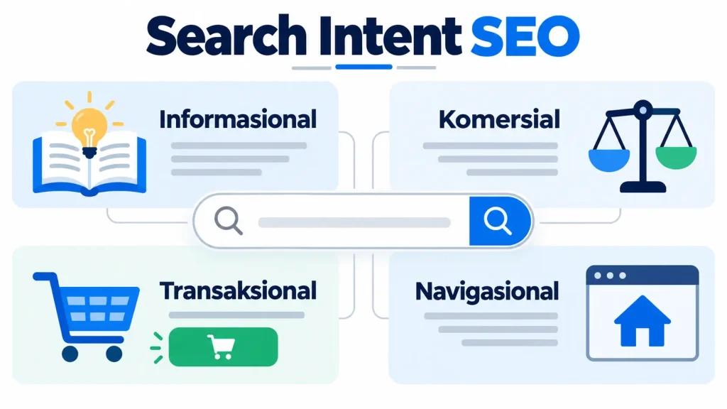 Ilustrasi infografis search intent SEO dengan kategori informasional, komersial, transaksional, dan navigasional